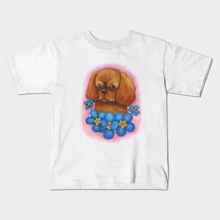 Cavalier King Charles Spaniel - Ruby with Blue Flowers Kids T-Shirt